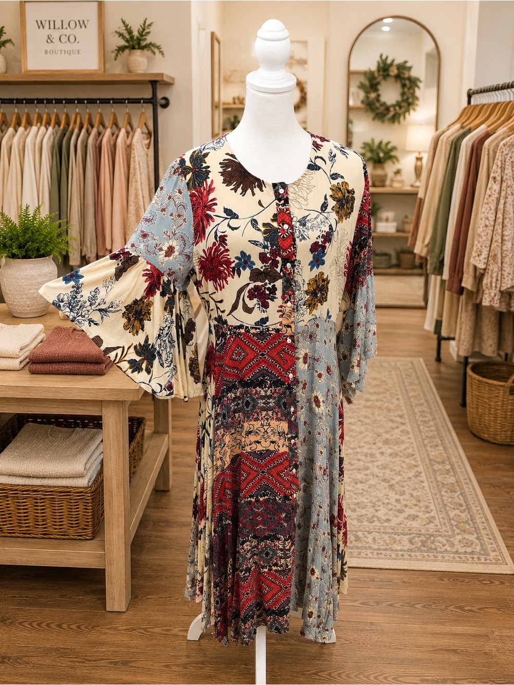 Umgee Patchwork Boho Maxi Dress Medium Floral Bell Sleeve Rayon - Picture 3 of 3